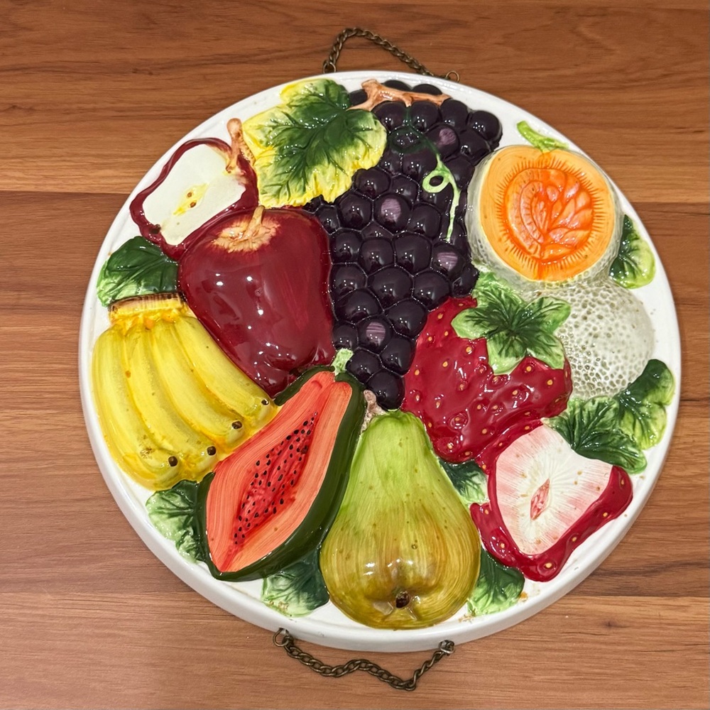 Vintage KMC MidMod Ceramic Embossed Fruits Fruit Platter 11” Round Wall Decor